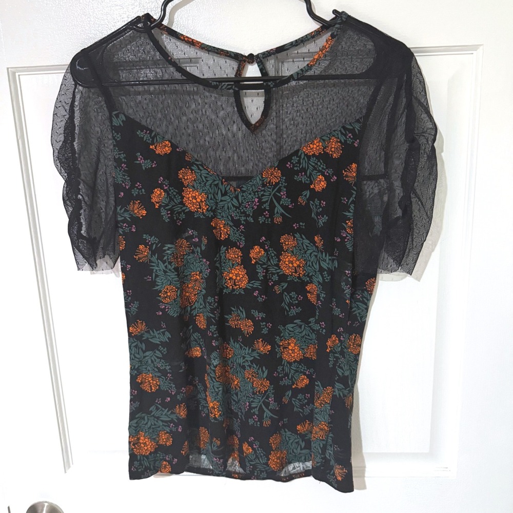 ModCloth Black Floral Mesh Yoke Short Sleeve Top Large Orange Teal Keyhole Back